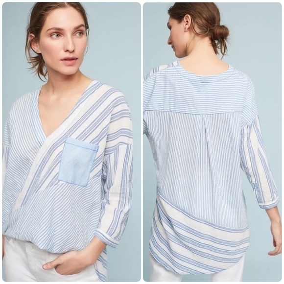 Anthropologie Holding Horses Striped Faux Wrap Coastal Boho Long Sleeve Top M - Picture 1 of 11